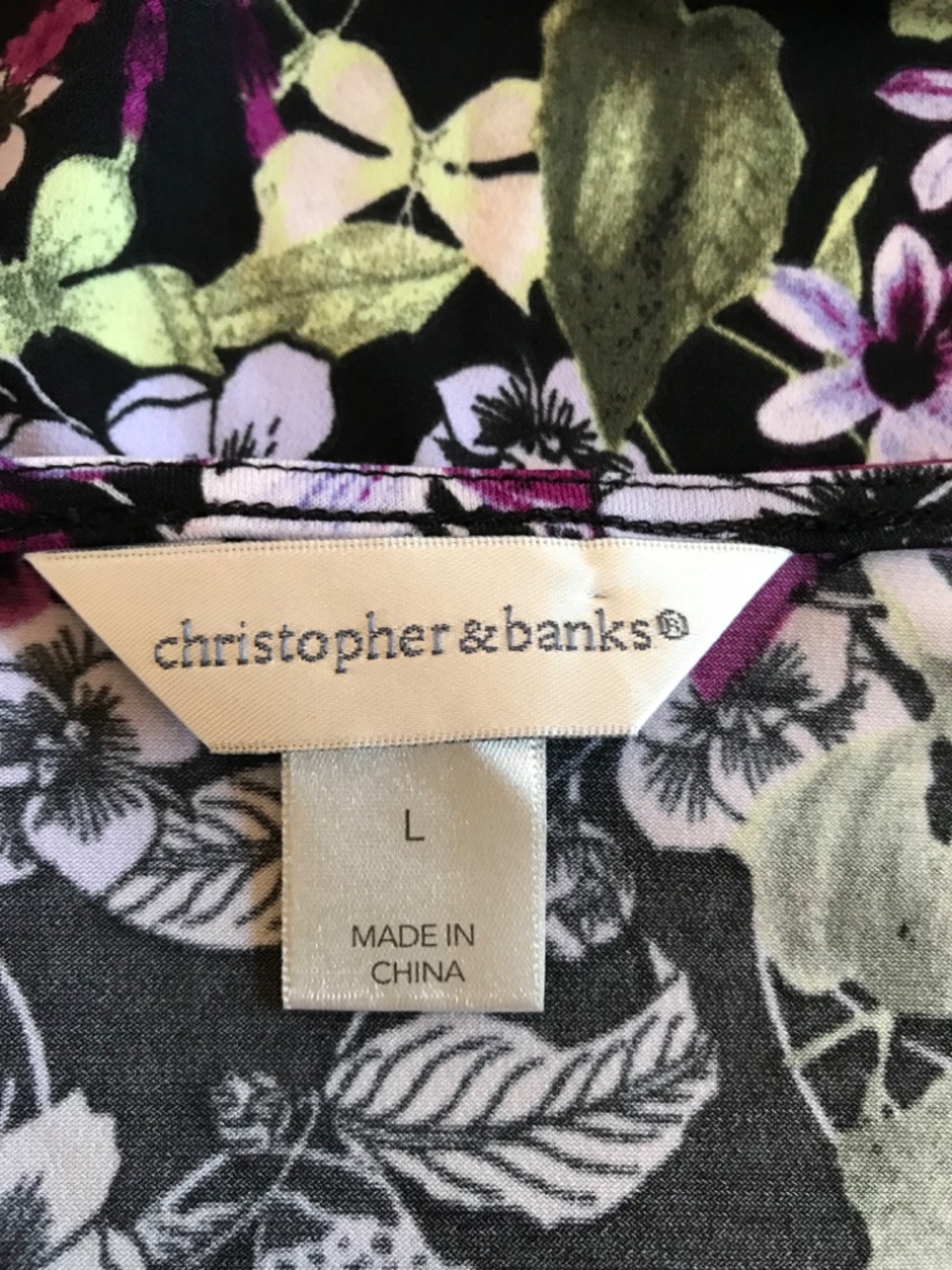 Christopher & Banks Floral Ruched Side Short Sleeve Knit Top Size L Black - Picture 5 of 5